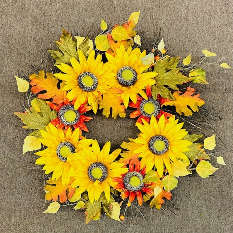 Sunflower Leaves Wreath
Yellow, Orange, Green
Size: 28 Diameter