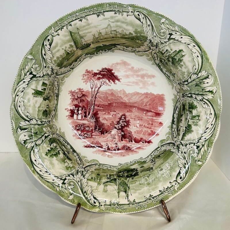 Vintage Lake Scenery Transferware Bowl with Stand
Cream Green Red
Size: 13.5 x 4.5H