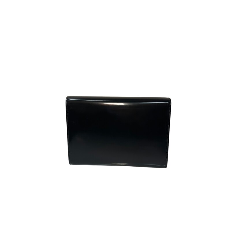 Saint Laurent Cassandre<br />
Shiny Black Leather<br />
Snap-button closure<br />
One main interior compartment, one flat pocket<br />
Grosgrain lining<br />
Silver hardwear<br />
Dimensions: 8.2W x 1.1D x 6.3H<br />
Code: GNC 760097.0923<br />
<br />
Comes with original dust bag and box.