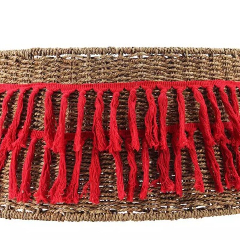 St  Nicholas Tree Collar
Tan Wicker with Red Fringe
Size: 27x27x10H
For Indoor Use
Iron Seagrass Polyester and Cotton
Weighs 5.07 lbs
Retail $36+