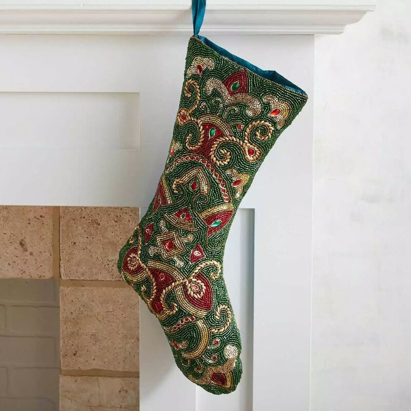 Pier 1 Beaded Stocking
Xmas colors Gold Size: 9 x 20H