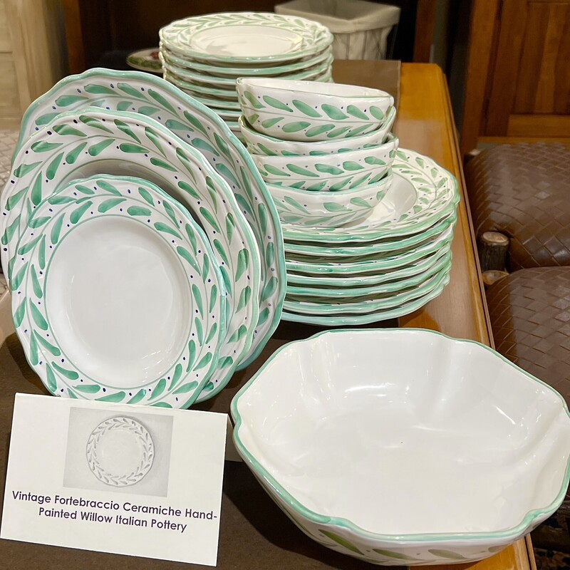 Vintage Fortebraccio Ceramiche Hand-Painted Willow Italian Pottery Dish Set; Size: 29 Pcs

8 Dinner Plates, 8 Salad Plates, 8 Pasta Bowls, 4 Cereal Bowls, 1 Serving Bowl.