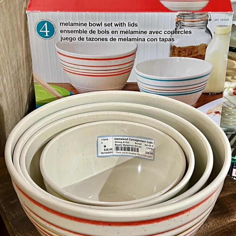 Bowls Melamine W/Lids, Boxed,
Size: Set Of 4