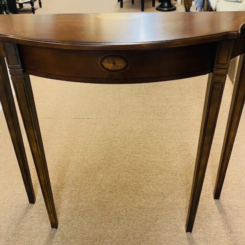 Butler Speciality Demilune Console
Brown Wood with Lt Brn Medallion Design
Size: 36x12x32H
Mfg Butler Specality Co Chicago
As Is- Minor Surface Blemish