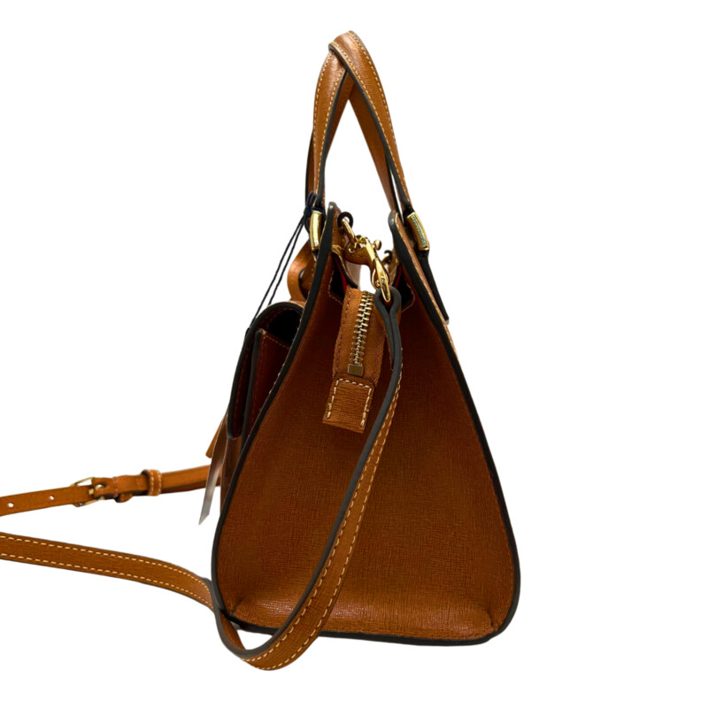 Dooney&Bourke Nana Satchel<br />
Italian Saffiano leather.<br />
Zipper closure.<br />
Detachable strap. Strap drop length: 23.25.<br />
H 7.75 x W 5 x L 10.5<br />
1 lb 10 oz<br />
Color: Natural<br />
Designed in Norwalk, CT by Peter Dooney.<br />
One outside pocket. Two inside slip pockets.<br />
One inside zip pocket.<br />
Inside key hook.<br />
Lined.<br />
Feet.