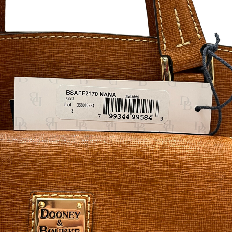 Dooney&Bourke Nana Satchel<br />
Italian Saffiano leather.<br />
Zipper closure.<br />
Detachable strap. Strap drop length: 23.25.<br />
H 7.75 x W 5 x L 10.5<br />
1 lb 10 oz<br />
Color: Natural<br />
Designed in Norwalk, CT by Peter Dooney.<br />
One outside pocket. Two inside slip pockets.<br />
One inside zip pocket.<br />
Inside key hook.<br />
Lined.<br />
Feet.