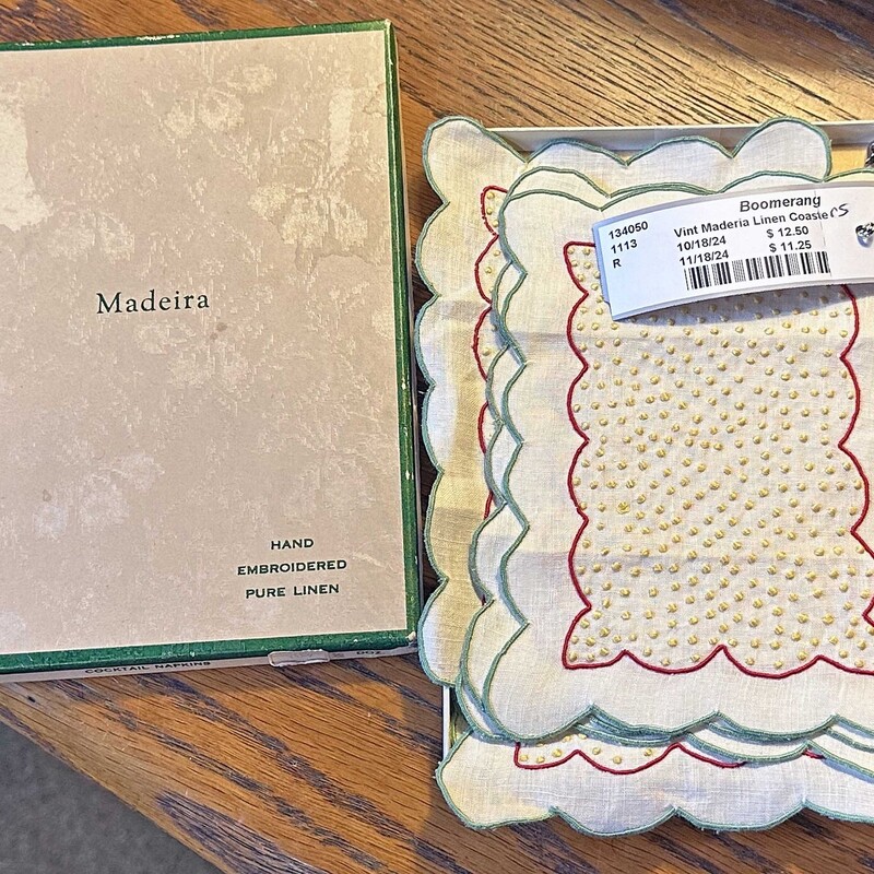 Set of Vintage Maderia Linen Coasters in Original Box