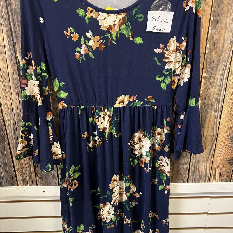 Dress W Brown Flowers, Navy, Size: S