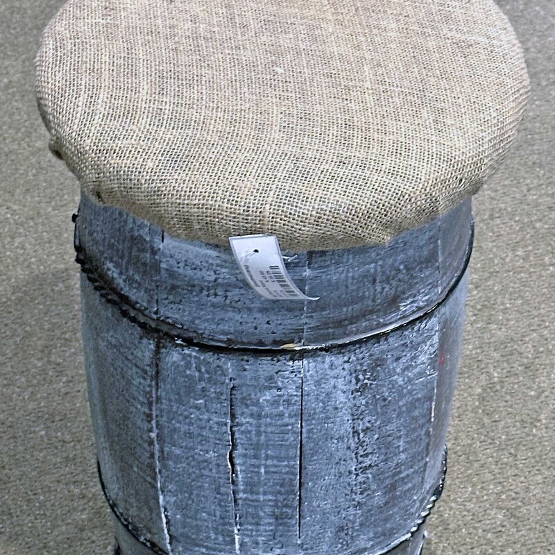 Nail Barrel Stool,
 Size: 13x19
Great little nail barrel with a burlap upholstered top.  The barrel is white washed.