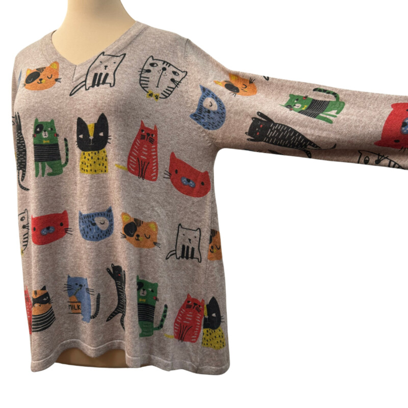 Shana Cat Print Sweater<br />
Wool Blend<br />
Tan with Multiple Cats and Colors<br />
Size: Oversized Medium<br />
So So Cute!