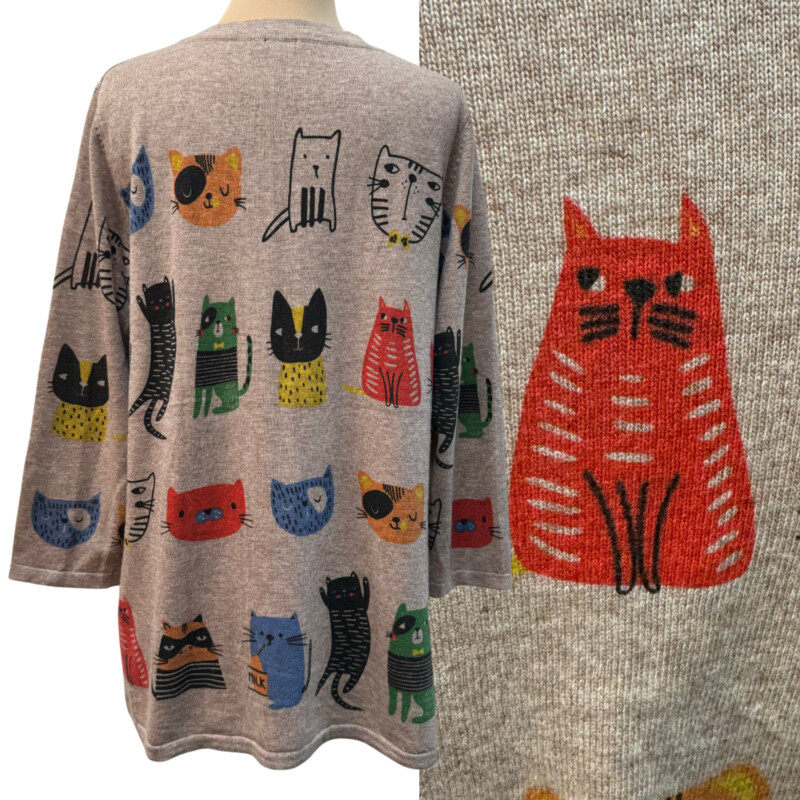 Shana Cat Print Sweater<br />
Wool Blend<br />
Tan with Multiple Cats and Colors<br />
Size: Oversized Medium<br />
So So Cute!