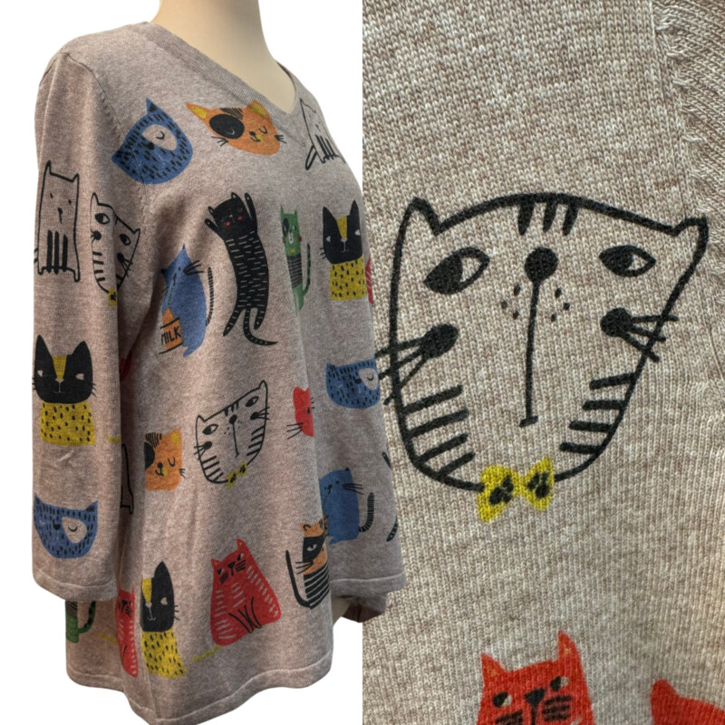 Shana Cat Print Sweater<br />
Wool Blend<br />
Tan with Multiple Cats and Colors<br />
Size: Oversized Medium<br />
So So Cute!