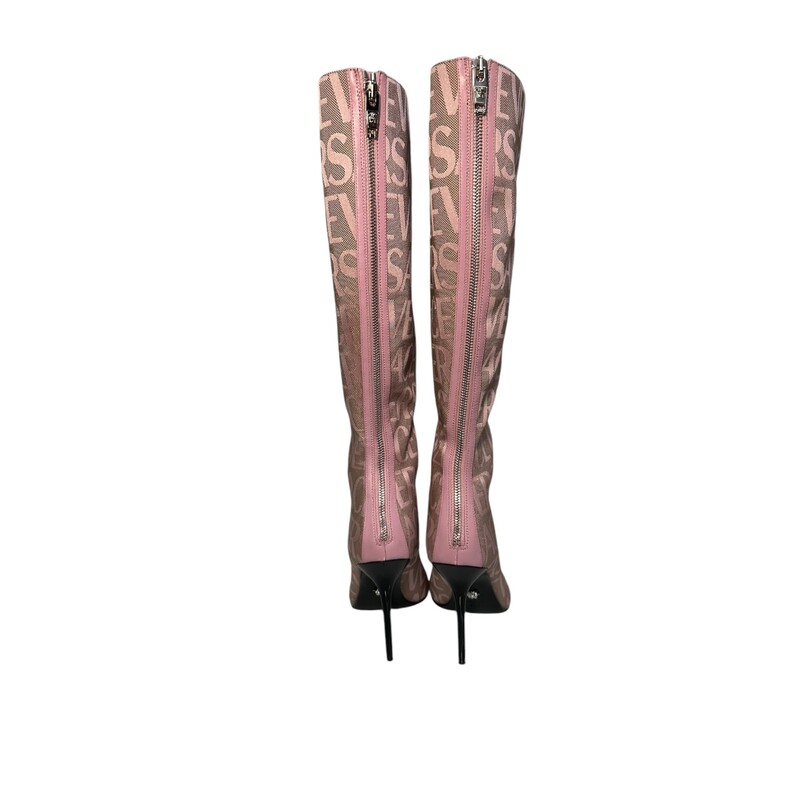 Versace Allover Knee High Pink Boots<br />
Comes With the Original Box<br />
Heel Height: 5<br />
In Good Condition<br />
<br />
Crafted in Italy from logo jacquard canvas, the Versace Allover knee-high boots bring iconic flair to your every day. The pair comes shaped with pointed toes and stiletto heel.<br />
Comes with original box.