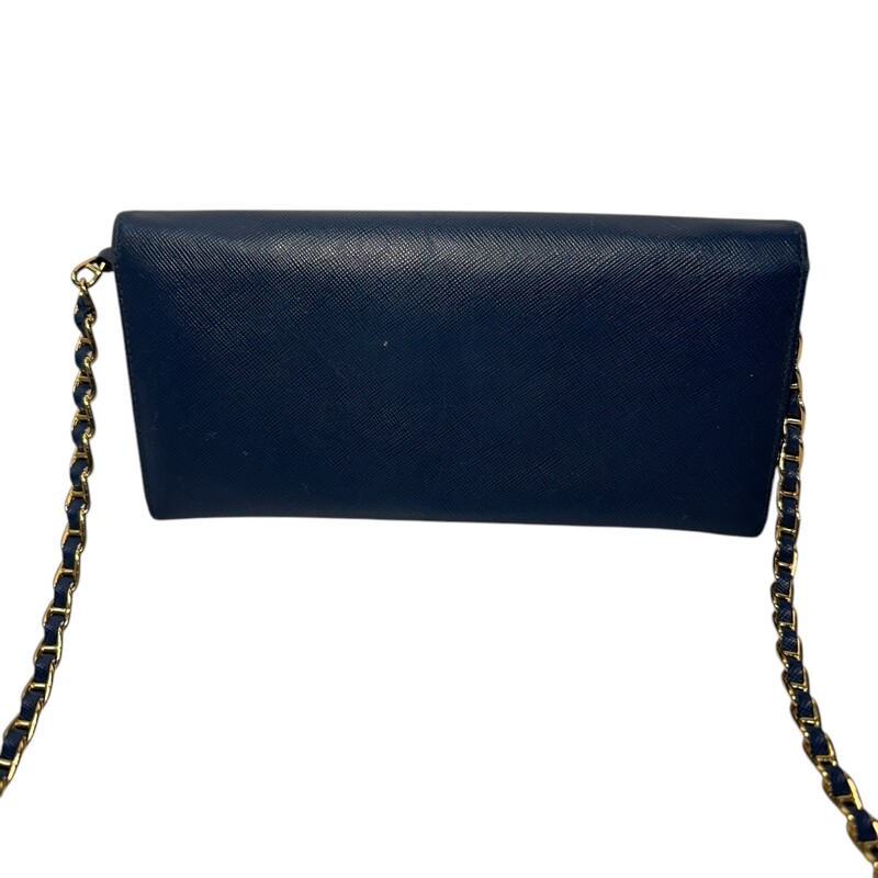 Prada Wallet On Chain Crossbody  Blue<br />
 Size: OS<br />
<br />
Factory code: 198<br />
<br />
Dimensions:<br />
Length: 8.25 in<br />
Height: 4.25 in<br />
Width: 1 in<br />
Drop: 21 in<br />
<br />
Wear on corners and scratching throughout bag.<br />
Does not come with original box or dust bag.