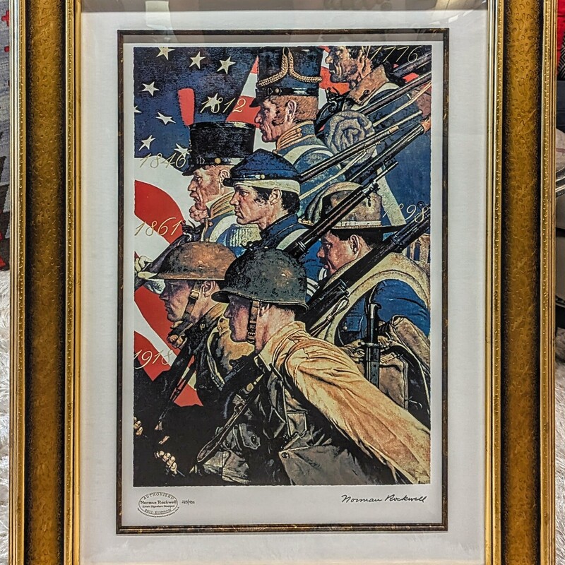 Norman Rockwell History US Army (To Make Men Free)
Blue Tan Green Red in Textured Brown Gold Frame
Size: 25x33H