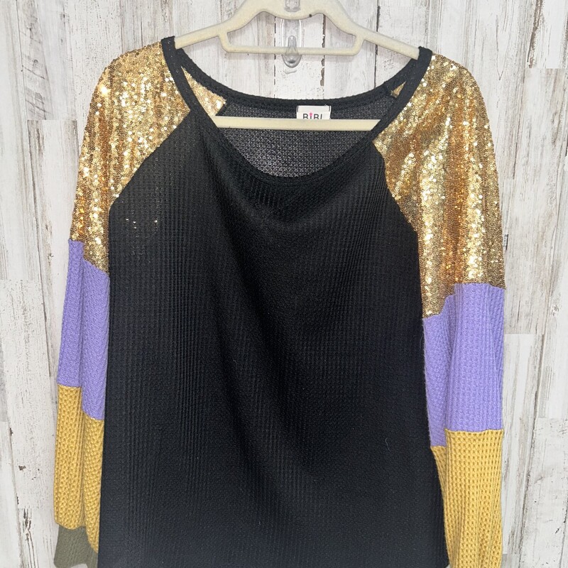 L Black Waffle Sequin Top, Black, Size: Ladies L