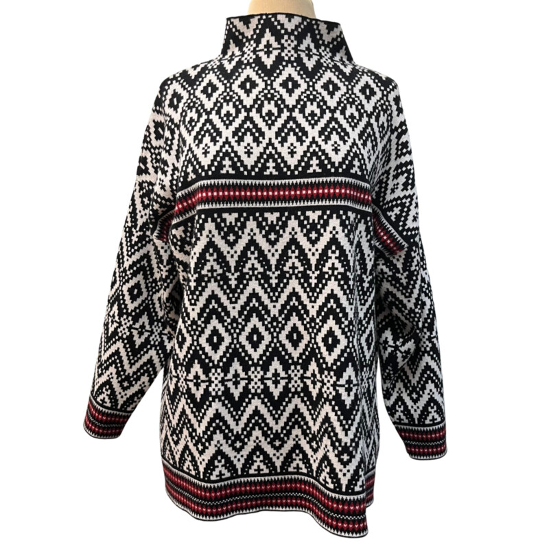 Tahari Mock Neck Sweater<br />
Fair Isle Style<br />
Colors: Black, White and Red<br />
Size: 1X