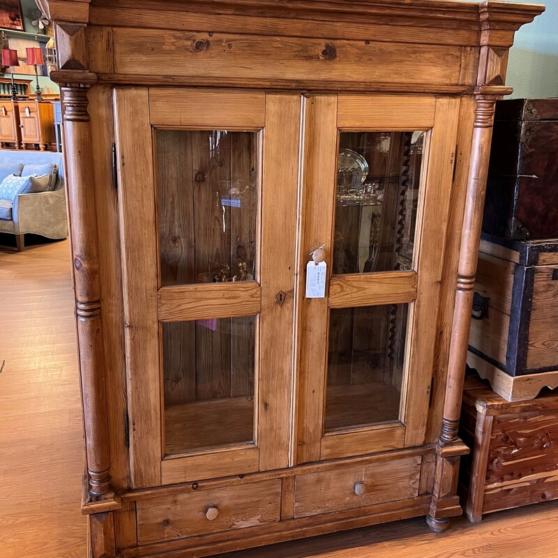 Antique Display 2 Doors, Wood, Glass
56in wide x 25in deep x 73in tall