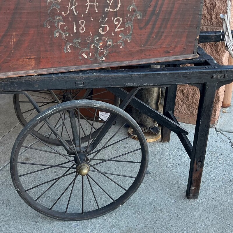 Antique Flower Cart 2 Wheel, Black, French?
37in wide x 74in long x 28in tall