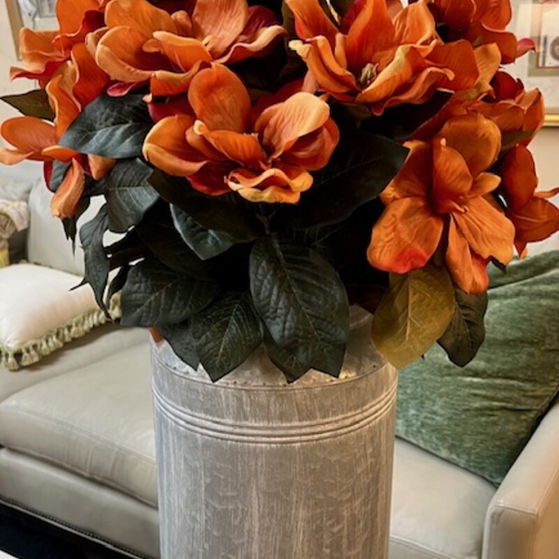 Magnolias In Tin Vase
Orange, Green, Silver
 Size: 20x34H