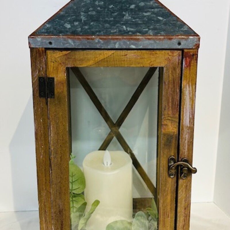 Wood & Metal Lantern With Candle & Eucalyptus
Brown Silver Green Size: 8 x 8 x 18H