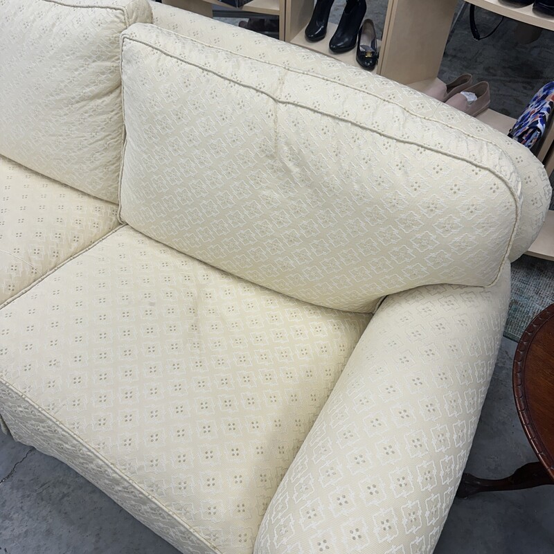 Down-Filled Loveseat - super comfortable! Yellowish/cream upholstery.<br />
Size: 76in L