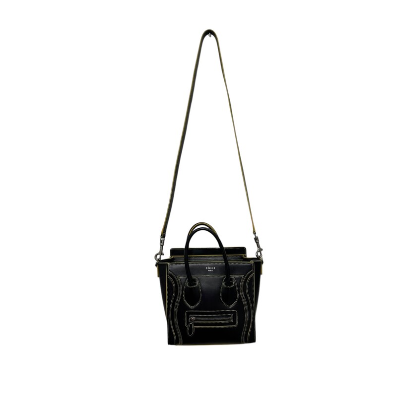 Celine Tote Yellow Trim Handbag<br />
 Black and Yellow<br />
Size: Nano<br />
<br />
Date Code:<br />
S-GA-41116<br />
<br />
Dimensions:<br />
Length: 8 in<br />
Height: 8.25 in<br />
Width: 3.75 in<br />
Drop: 2.25 in<br />
Drop: 20 in<br />
<br />
Yellow trim light cracking on top inside of handles. Light wear to inside pocket. Does not include original dust bag.