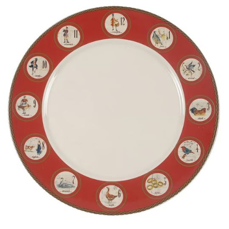 Set of 12 Williams Sonoma 12 Days Christmas Dinner Plates
Red White Multicolored Size: 12diameter
Coordinating appetizer plates sold separately