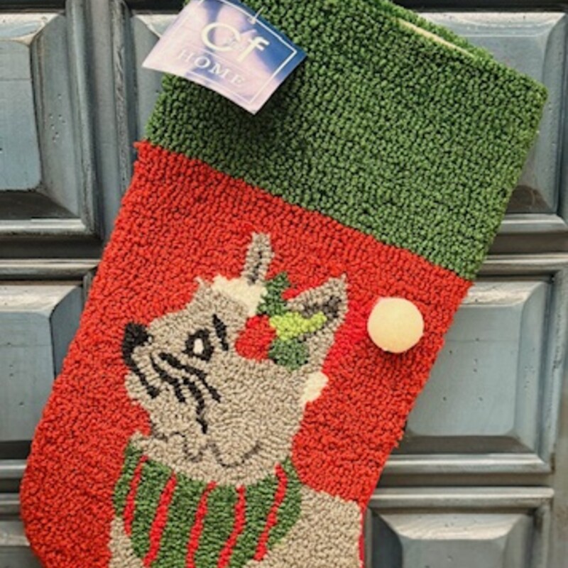 Cat Hooked Stocking
Red, Green, Gray
 Size: 10x19H