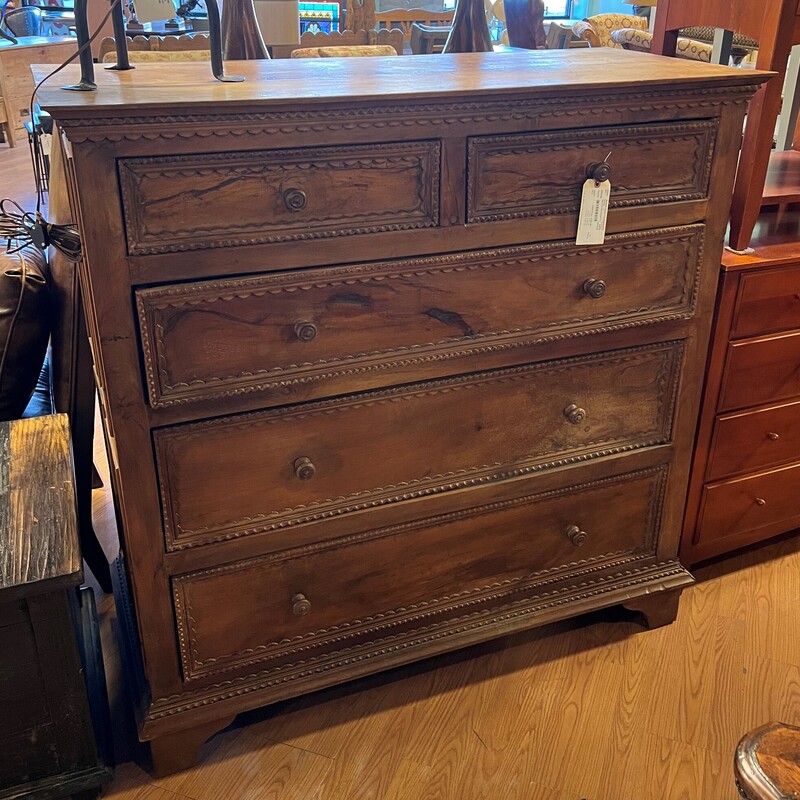 Mexican Pine Carved Front, 5 Drawer
51in wide x 22in deep x 51in tall