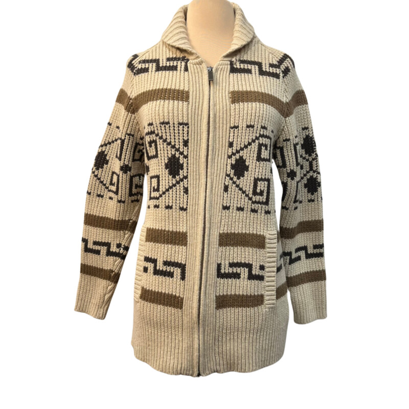 New Pendleton Long Westerly Cardigan<br />
100% Lambs Wool<br />
Zipper Closure<br />
With Pockets<br />
Colors: Tan, Coffee and Brown<br />
Size: XS<br />
Retails for $259.00