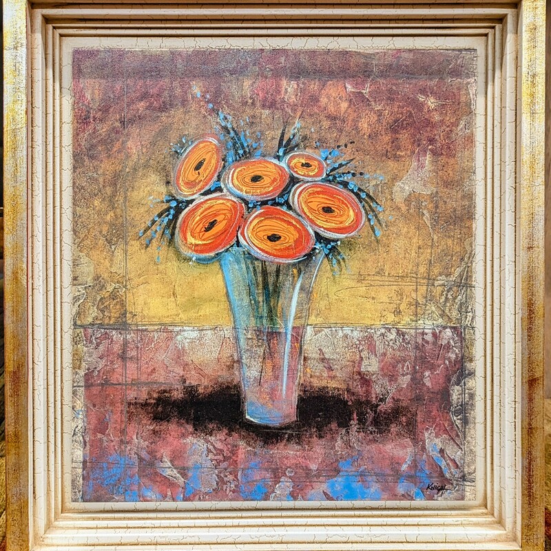 Florals In Vase Glicee
Orange Teal Purple in
Red Rub Gold Frame
Size: 23x24H
Bombay & Co