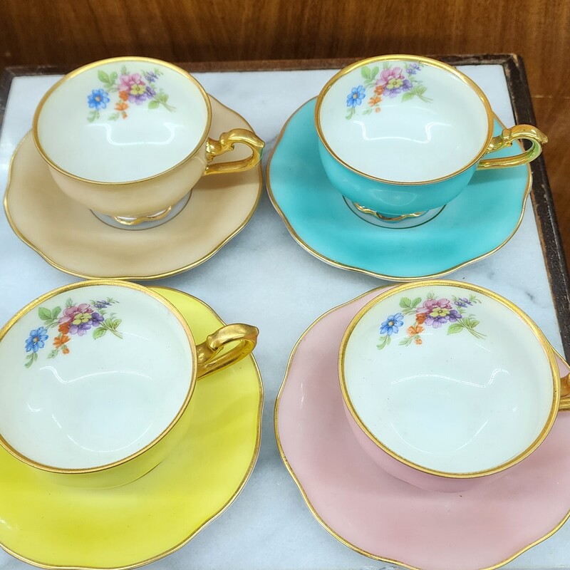 Bavaria Tea Cups & Saucers, Mixed Colors, Size: Set 4