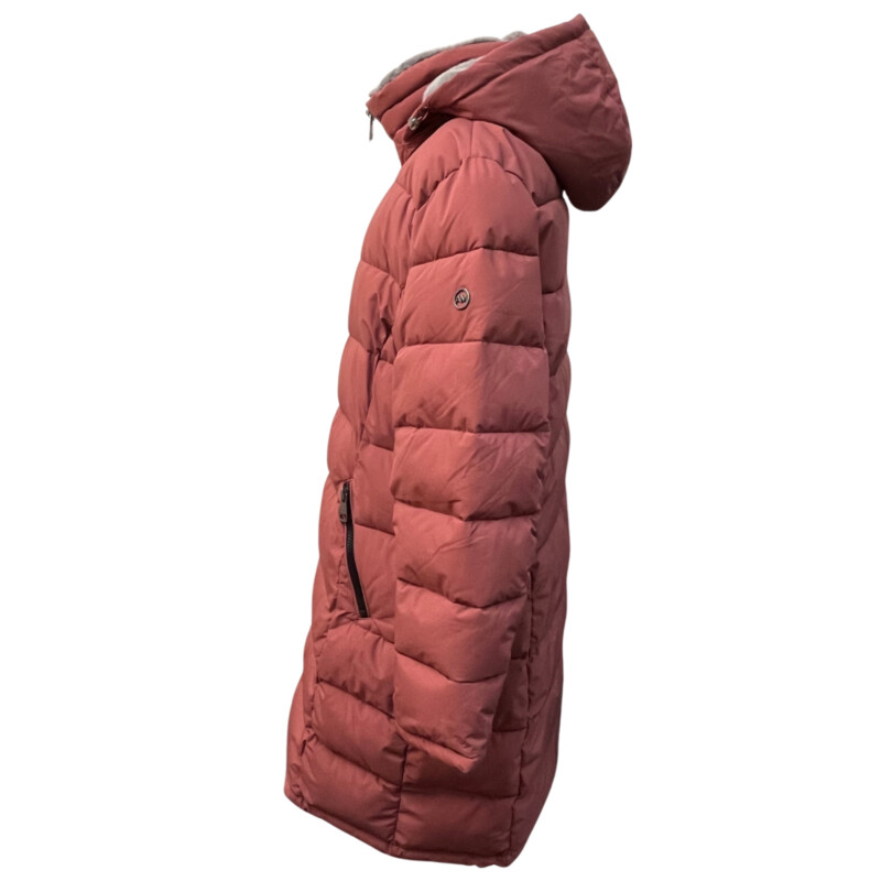 Andrew Marc Walker Coat Insulated Hooded Cold Weather Puffer Jacket<br />
Color: Terra Rose.<br />
Size: XXL = 16-18<br />
Color: Terra Rose.<br />
Fixed bib with zipper closure<br />
Stand collar with attached hood<br />
Snap front placket<br />
Cozy faux fur lined collar & hood<br />
Two front zipper pockets<br />
Branded logo trim at left sleeve<br />
Adjustable draw cord at hood<br />
Sorona® plant based 100% polyester fill<br />
Interior slit pocket<br />
Stretch side panel and undersleeve for mobility