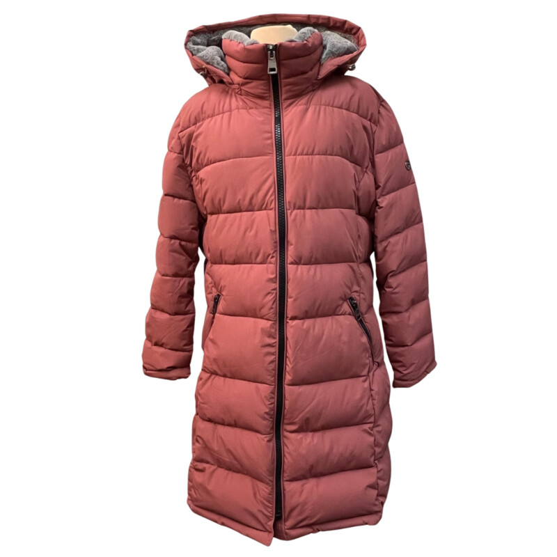 Andrew Marc Walker Coat Insulated Hooded Cold Weather Puffer Jacket<br />
Color: Terra Rose.<br />
Size: XXL = 16-18<br />
Color: Terra Rose.<br />
Fixed bib with zipper closure<br />
Stand collar with attached hood<br />
Snap front placket<br />
Cozy faux fur lined collar & hood<br />
Two front zipper pockets<br />
Branded logo trim at left sleeve<br />
Adjustable draw cord at hood<br />
Sorona® plant based 100% polyester fill<br />
Interior slit pocket<br />
Stretch side panel and undersleeve for mobility