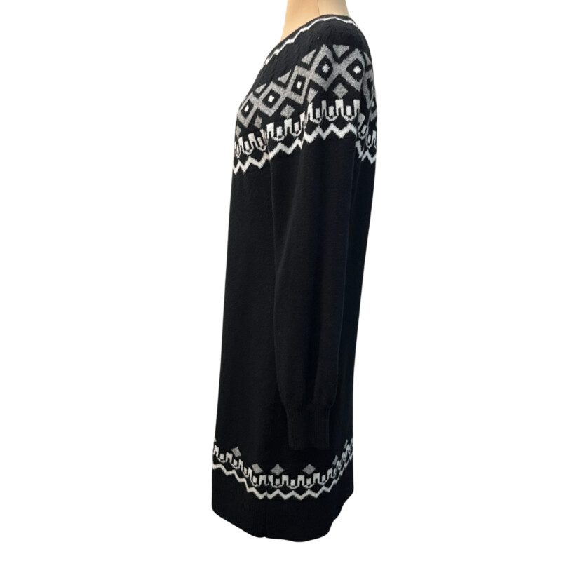 LOFT Sweater Dress<br />
Fair Isle Style<br />
Cotton Blend<br />
Color: Black, White, and Gray<br />
Size: Medium