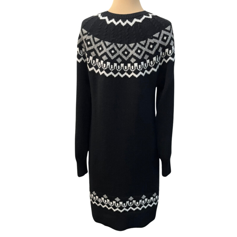 LOFT Sweater Dress<br />
Fair Isle Style<br />
Cotton Blend<br />
Color: Black, White, and Gray<br />
Size: Medium