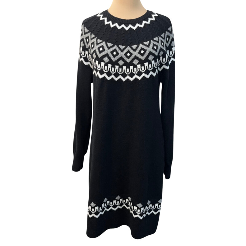 LOFT Sweater Dress<br />
Fair Isle Style<br />
Cotton Blend<br />
Color: Black, White, and Gray<br />
Size: Medium