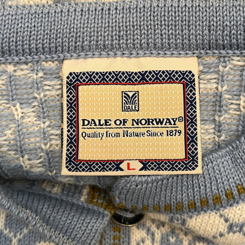 Dale Of Norway Cardigan<br />
Designed and knitted in Norway<br />
Pure New Wool<br />
Color: Sky Blue, Cream, and Dijon<br />
Size: Large