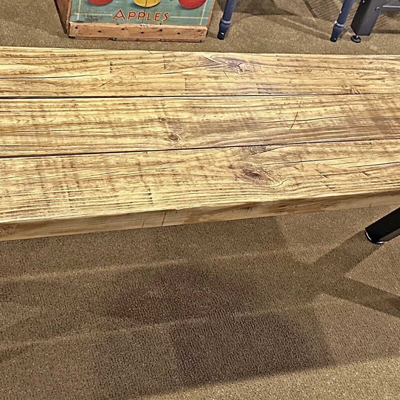 Reclaimed Bench,
 Size: 48x14x18
Top of bench ha been refinished and new metal legs have been added to this great piece!