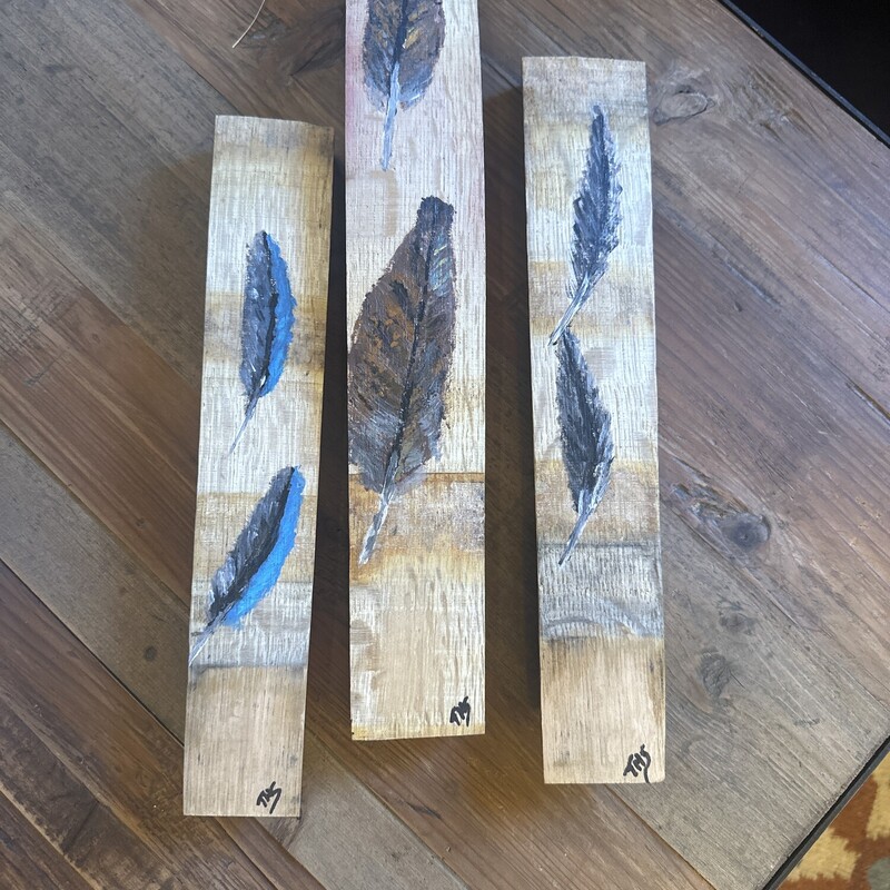 Barrel Stave Feather Art - Set of 3

Red Tail Hawk -  15L
Blue Jay - 11L
Opsrey - 11L