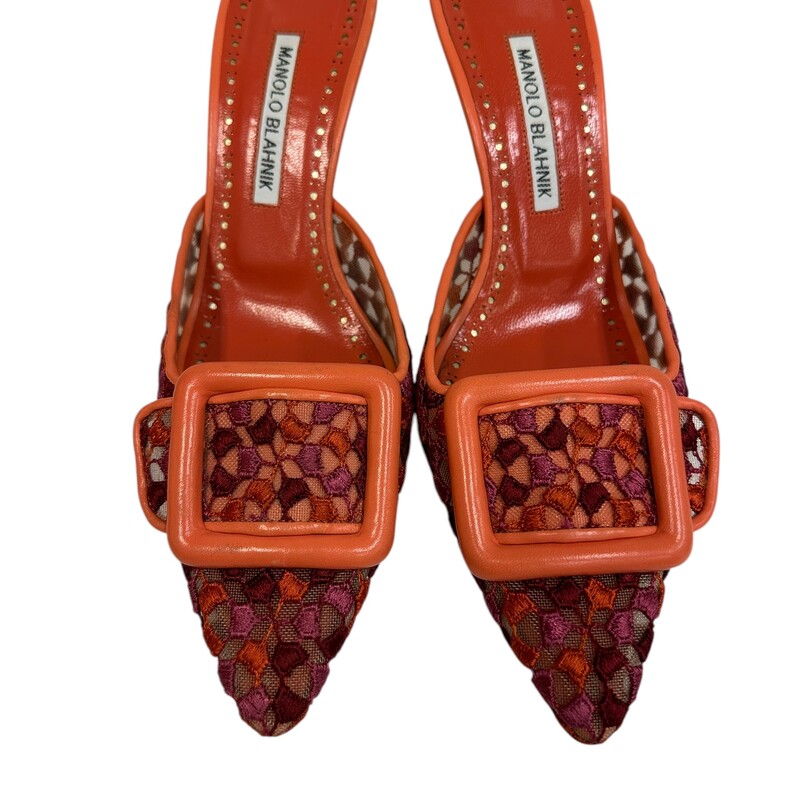 Manolo Blahnik Maysale Floral Heels<br />
<br />
Size 38<br />
<br />
Heel Height: 2.75 inches