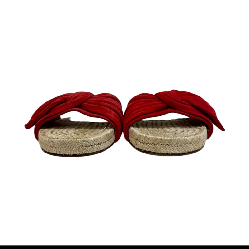 Valentino Tropical Bow Espadrille Slides<br />
<br />
Size 38.5<br />
<br />
Insoles lined with brown leather<br />
<br />
Red bow feature is made of suede<br />
<br />
Does not come with original dust bags or box