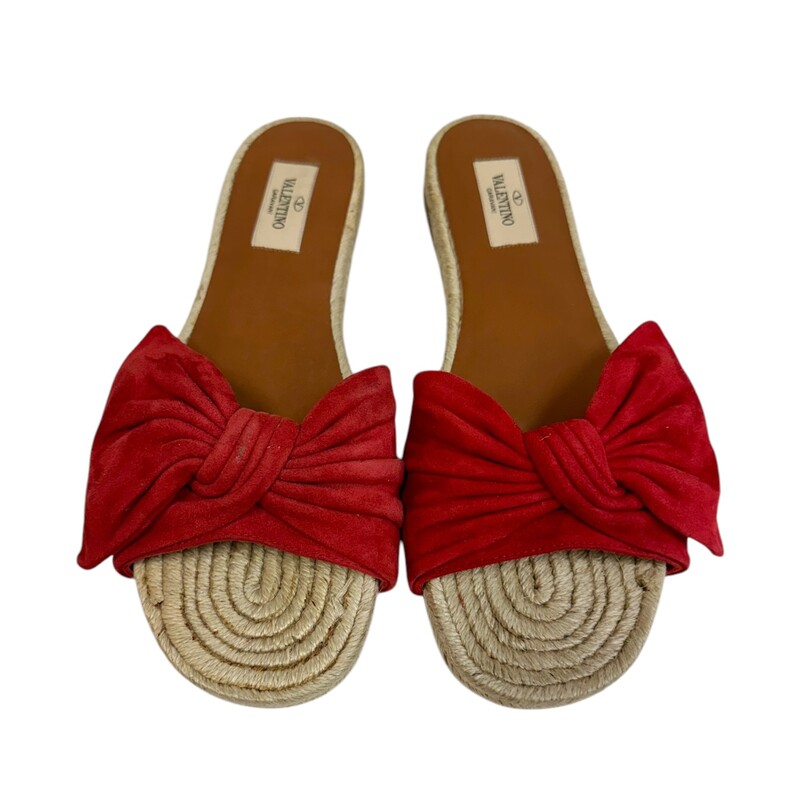 Valentino Tropical Bow Espadrille Slides<br />
<br />
Size 38.5<br />
<br />
Insoles lined with brown leather<br />
<br />
Red bow feature is made of suede<br />
<br />
Does not come with original dust bags or box