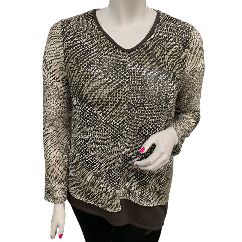 Picadilly Printed Top LS, Brwn/wht, Size: L