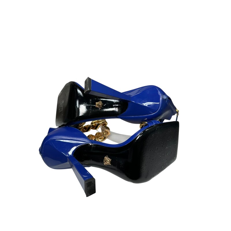 Versace Medusa Chain Heels<br />
 Blue<br />
Size: 39<br />
Scuff mark by zipper.<br />
Does not include original dust bag or box.