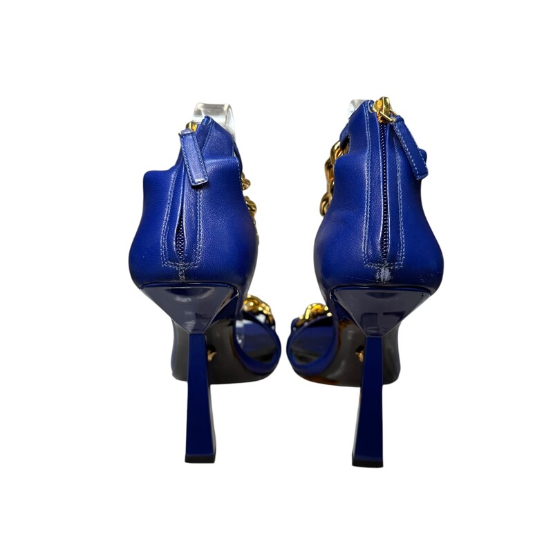 Versace Medusa Chain Heels<br />
 Blue<br />
Size: 39<br />
Scuff mark by zipper.<br />
Does not include original dust bag or box.