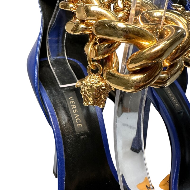 Versace Medusa Chain Heels<br />
 Blue<br />
Size: 39<br />
Scuff mark by zipper.<br />
Does not include original dust bag or box.