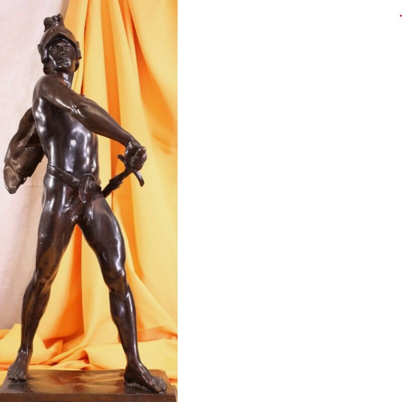 Bronze Gladiator Warrior Sculpture
Black Brown Bronze
Size: 19x9x33H
Nude warrior sculpture, from the Second Half 19th century.Mmythological warrior entitled Honor Patria after Picault. The body is one-piece, to which the sword and base have been welded. On the front of the base, and integrated into its casting, it has the words HONOR and homeland.The warrior has very careful proportions, with a spectacularly harmonious ensemble result, highlighting the movement that conveys his contemplation. The bronze finish has been left untuned, thus achieving a sketch or sketch effect, conveying to the viewer the feeling of strength and lightness.
The black patina has been generating a nice time-produced look, with a very attractive, high-quality result.
The sculpture is signed on its base, having used hammer and chisel to engrave the inscription E. PICAULT.
Retail $9K+