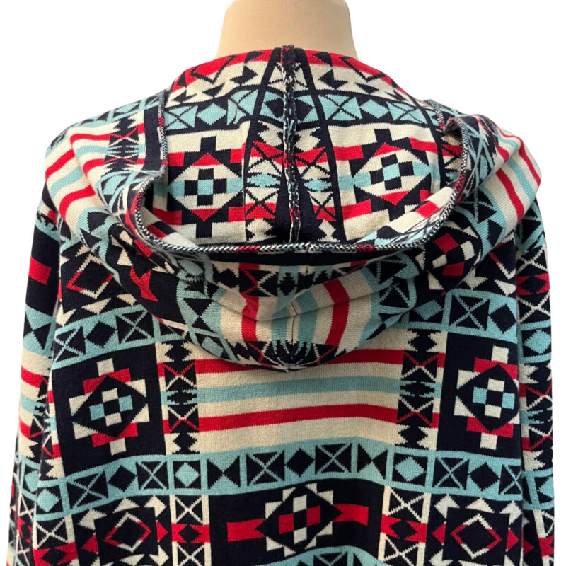 Woolrich Open Cardigan<br />
Southwestern Design<br />
Hooded<br />
60% Cotton 40% Acrylic<br />
Colors:  Navy, Cream, Red, Aqua<br />
Size: 1X